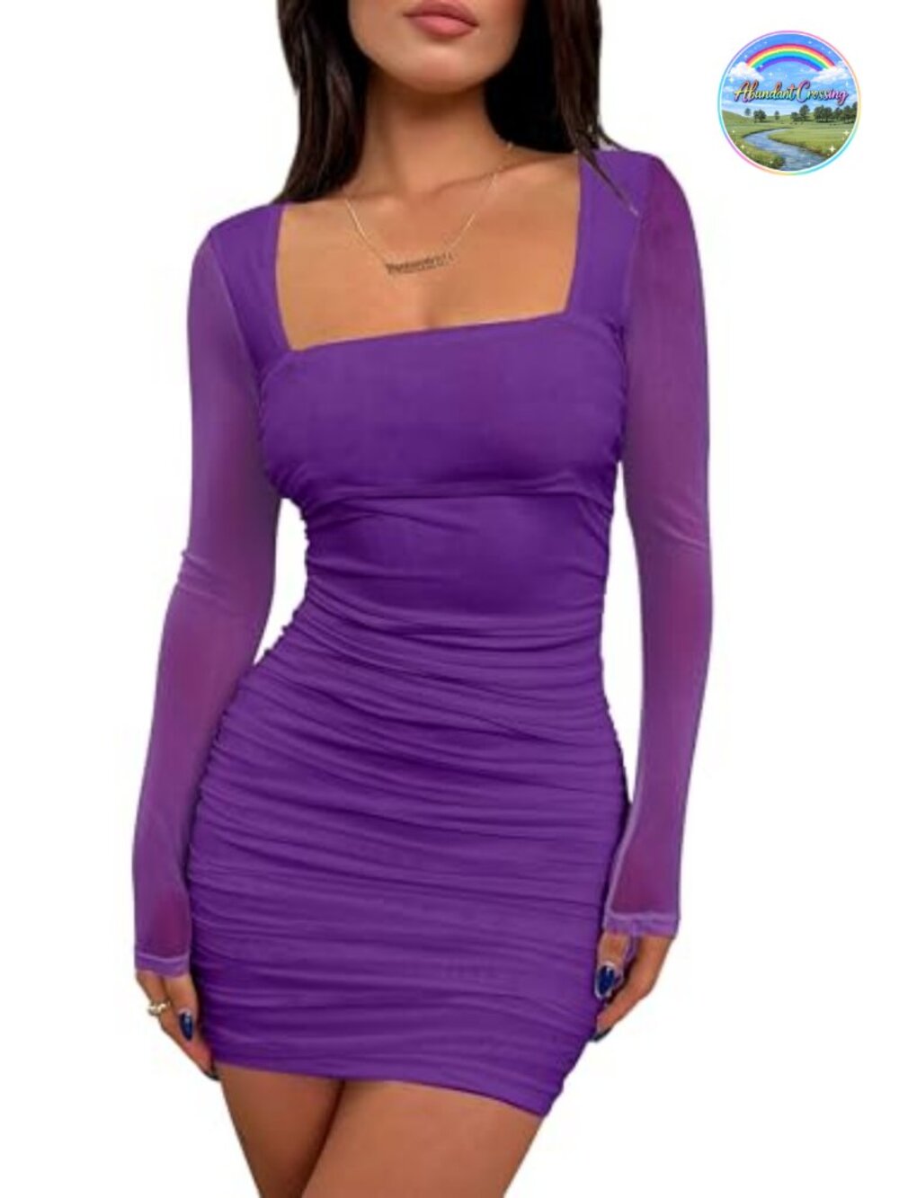 Women's Square Neck Ruched Bodycon Mini Dress Long Sleeve Mesh Club Party